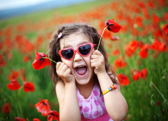 Cute child girl in poppy field